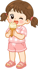 Cute Girl Eating Ice Cream Summer Dessert PNG Illustration
