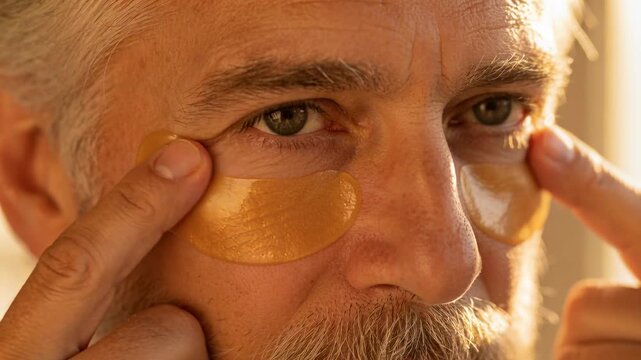 Starting senior man applying gold hydrogel eye patches using fingertips at vanity to hydrate skin