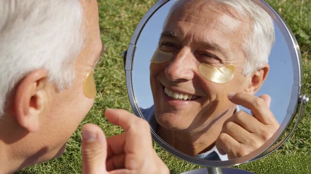 Holding mirror, senior man in light blue shirt placing gold under-eye patches on lawn for skincare