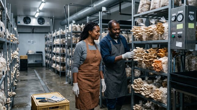Growers inspect vertical racks at an urban mushroom farm