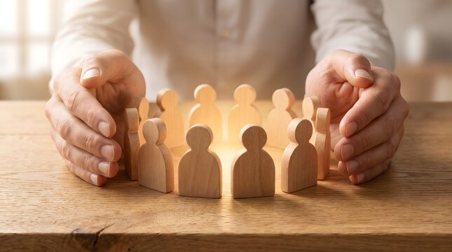 Employee psychological safety concept showing protective hands cupping wooden team member figurines on desk