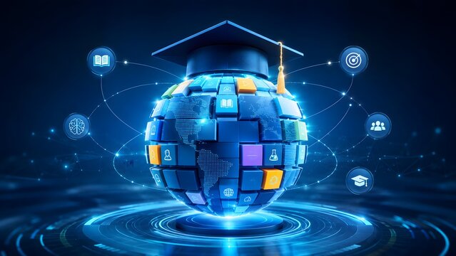 Global digital education concept with a graduation cap on a tech globe, symbolizing worldwide online learning, knowledge exchange, and academic success.