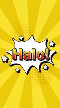 Halo text word lettering popup comic cartoon reveal with bomb and smoke explosion manga anime book page dots radial speed lines doodle yellow background seamless loop vertical animation retro 