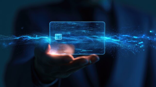 Digital credit card projected from hand with glowing blue energy streams