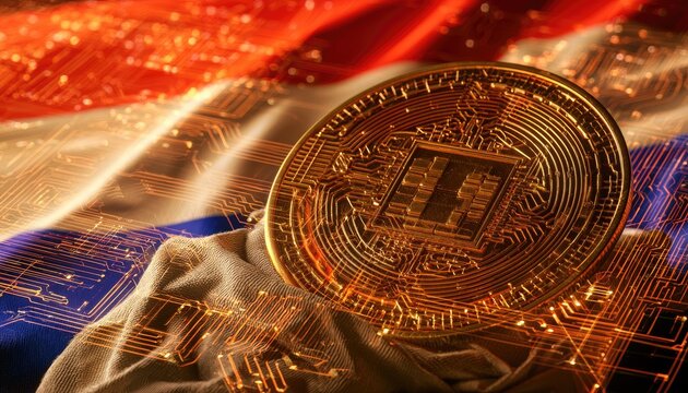 Golden digital currency coin against backdrop of Dutch flag and circuit patterns