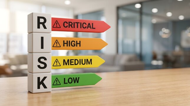 Corporate risk assessment protocol featuring stacked blocks with critical high medium low hazard levels
