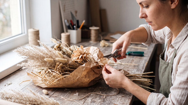 Florist trimming dried bouquet stems in workshop