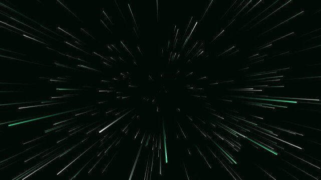 Glowing green light streaks moving rapidly through deep space at high speed causing star field effect