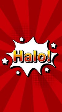 Halo text word lettering popup comic cartoon reveal with bomb and smoke explosion manga anime book page dots radial speed lines doodle red background seamless loop vertical animation retro 