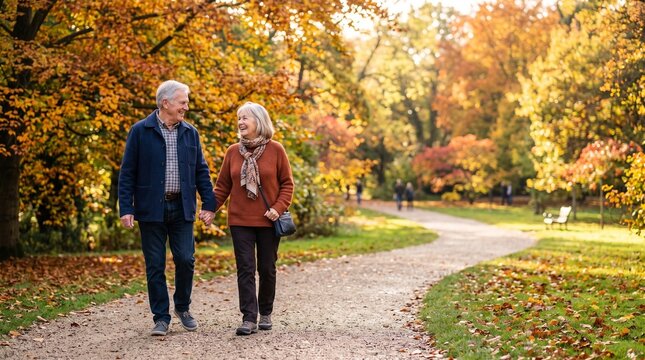 Happy senior couple strolling in autumn park holding hands for active retirement lifestyle and wellness