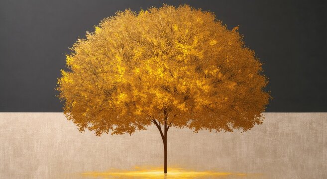 Golden Autumn Tree with Vibrant Foliage Against Dark Background.