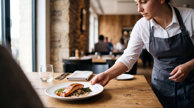 Restaurant server placing a plated dish