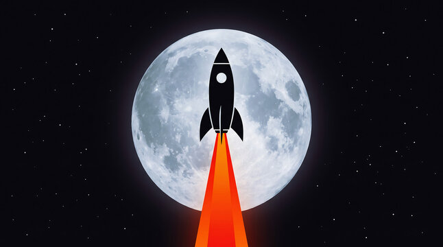 A rocket ship launching into space against a large full moon background.