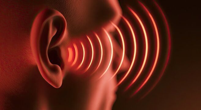A close-up of a human ear with glowing red sound waves emanating from it