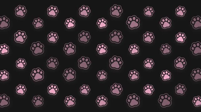 Paw print in pink pattern, cat, dog foot, animal sketch background. Animal step cute animation. Bear, panda, tiger grunge stamp repeat foot track wallpaper. Cartoon black bg. Motion Graphic animation