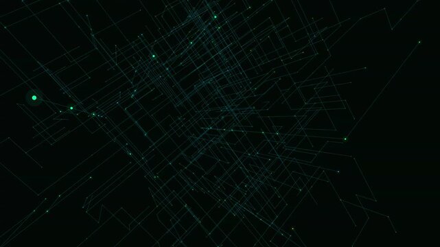 Glowing light lines connected by digital nodes forming a complex network in deep darkness