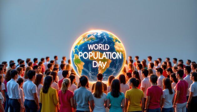 The image depicts a large group of diverse people gathered outdoors, all facing a prominent, illuminated globe that features the text "WORLD POPULATION DAY" across it