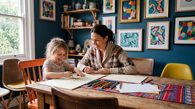 Mother and daughter drawing together in colorful maximalist room