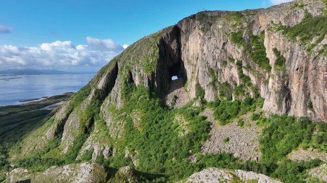 Aerial view of Torghatten, hole in the rock mountain, in Norway
