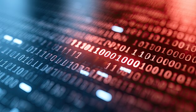 Digital stream of glowing binary code in red and blue hues
