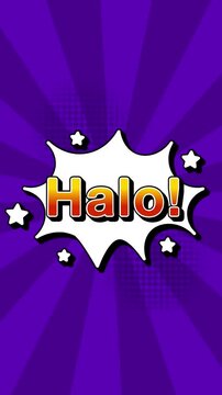Halo text word lettering popup comic cartoon reveal with bomb and smoke explosion manga anime book page dots radial speed lines doodle violet background seamless loop vertical animation retro 