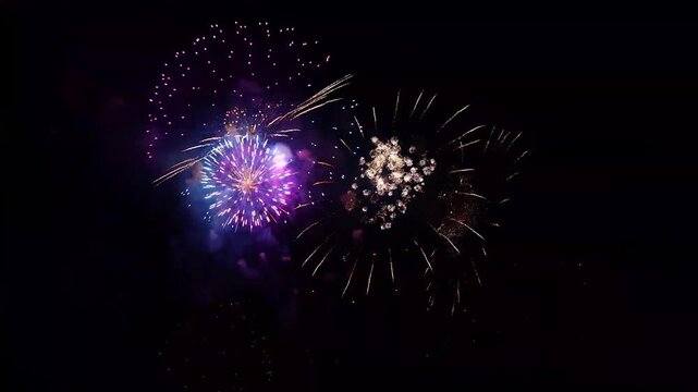 Colorful Fireworks Exploding in Night Sky for New Year or Independence Day Celebration