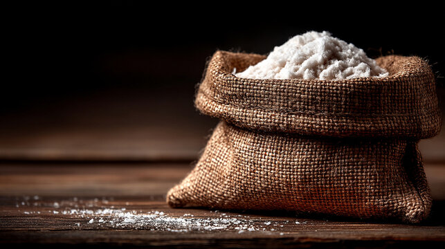 Small burlap sack filled with flour on dark wooden table ingredients homemade culinary