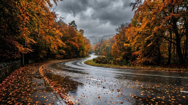 Winding wet road through colorful autumn forest with fallen leaves, moody cloudy day landscape