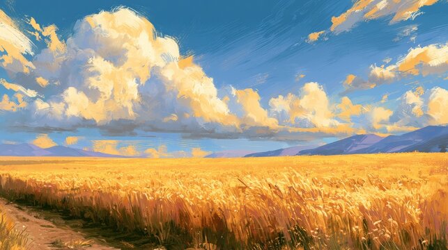 Golden wheat field under a vast sky with fluffy clouds and distant hills