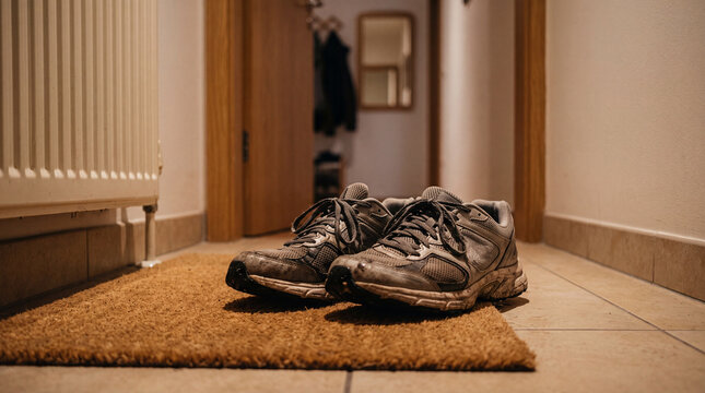 Wet running shoes drying beside radiator after training