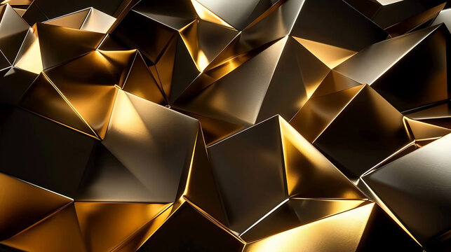 Abstract geometric background with metallic gold and dark gray triangles 3D rendered