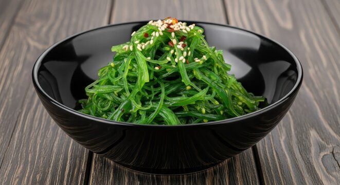 Fresh Chuka Seaweed Salad with Sesame Seeds and Chili Flakes in a Black Bowl on a Dark Wooden Table