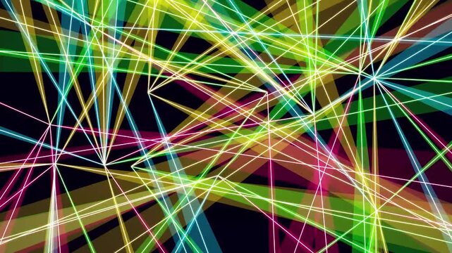 Glowing neon laser beams intersecting in darkness creating dynamic geometric light patterns for stage performance effects