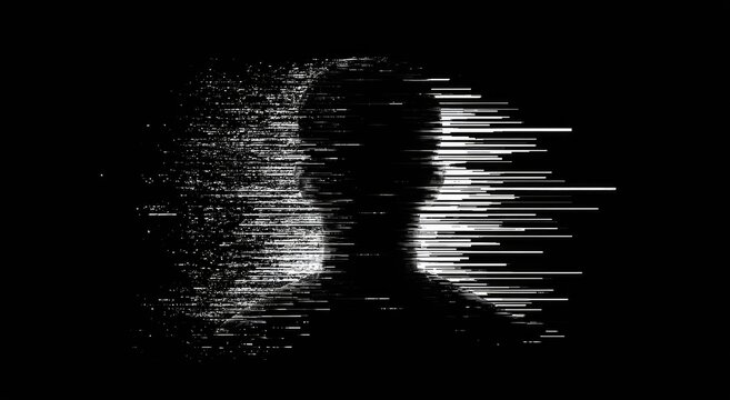 Silhouetted figure dissolves into digital particles and horizontal lines