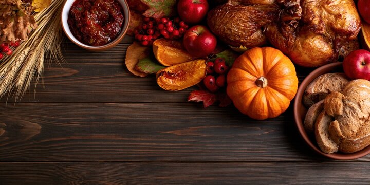 Thanksgiving Rustic Flat Lay with Roasted Turkey Pumpkin Apples Wheat and Copy Space on Dark Wooden Background