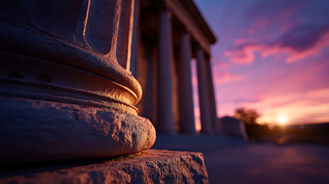 Close-up of a classical stone column against a dramatic sunset sky with architecture