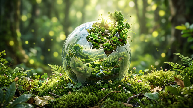 Glass globe representing earth ecosystem with lush green forest landscape resting on mossy forest floor