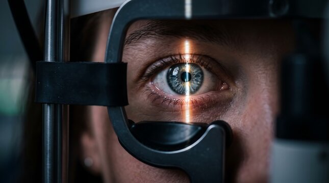 Macro closeup of human eye illuminated by slit lamp light beam during ophthalmic exam, depicting optometry eye health diagnosis, iris inspection, and professional medical vision test.