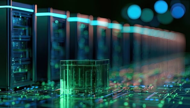 Futuristic data center with glowing green circuits and server racks