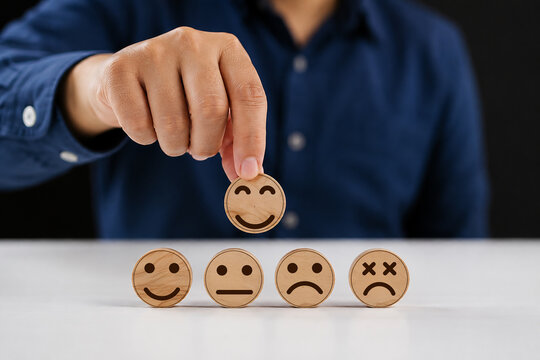 Businessman hand picking happy face smile icon on wooden block for customer satisfaction survey and service feedback concept.