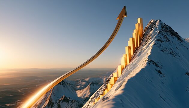 Golden upward arrow and bars ascend snowy mountain peak at sunrise
