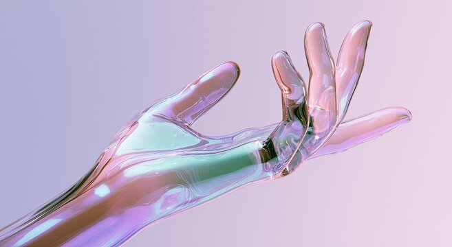 Translucent, iridescent human hand reaching upwards, bathed in soft pastel light