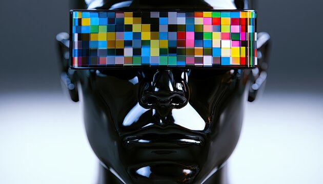 A black glossy head with pixelated visor, suggesting digital immersion