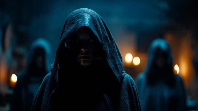 Mysterious figures in dark cloaks and hoods standing in a dimly lit mystical setting