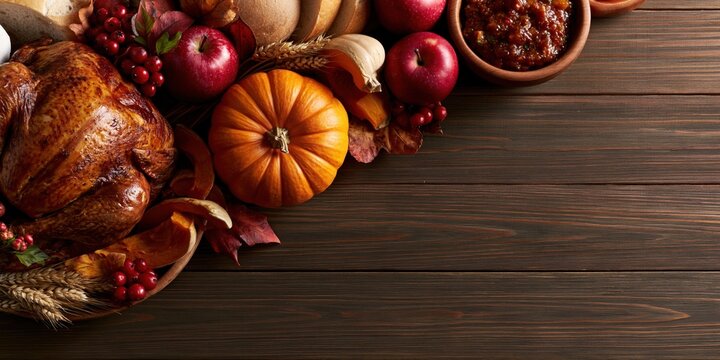 Thanksgiving Rustic Flat Lay with Roasted Turkey Pumpkin Apples Wheat and Copy Space on Dark Wooden Background