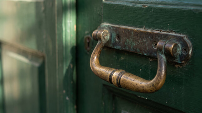 Weathered brass pull handle on an old green wooden door