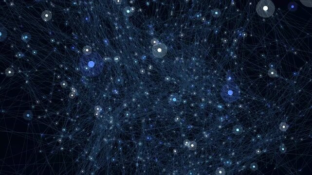 Glowing particles move through a complex network of interconnecting lines representing global digital data communication systems