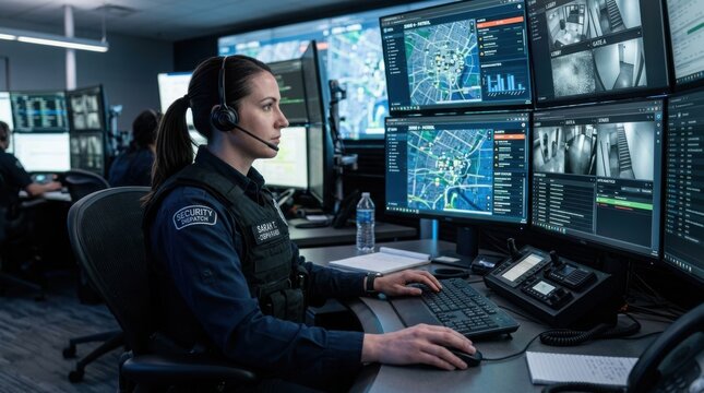 Security officer monitoring surveillance screens. Female operator working in control room.