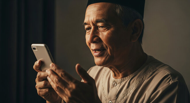 Portrait of an elderly Asian Muslim man using a smartphone for video call or messaging while wearing traditional clothing in a warm indoor setting.