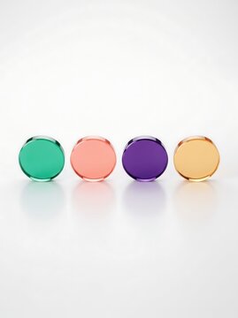 Four colorful translucent discs stacked on a white surface vibrant studio lighting